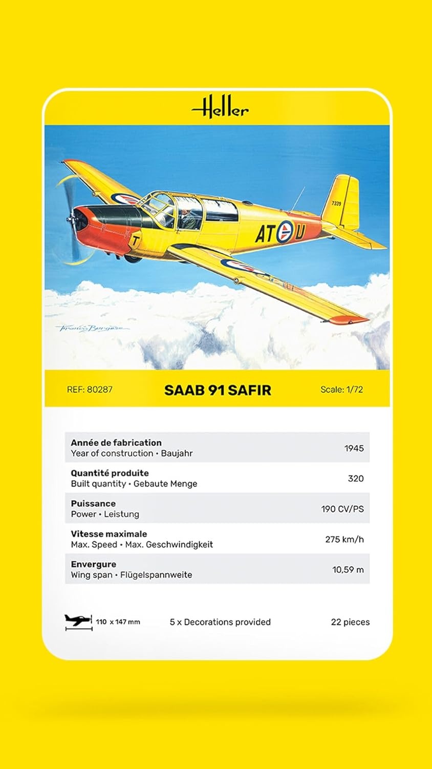 Heller Plastikmodell SAAB 91 Safir im Maßstab 1:72 Ref. 80287, detailliert, Bausatz ohne Kleber/Farbe, Verpackung ca. 23×13×5 cm, für Modellbauer ab 15 Jahren, Flugzeug, Jet, Transport, Fahrzeug