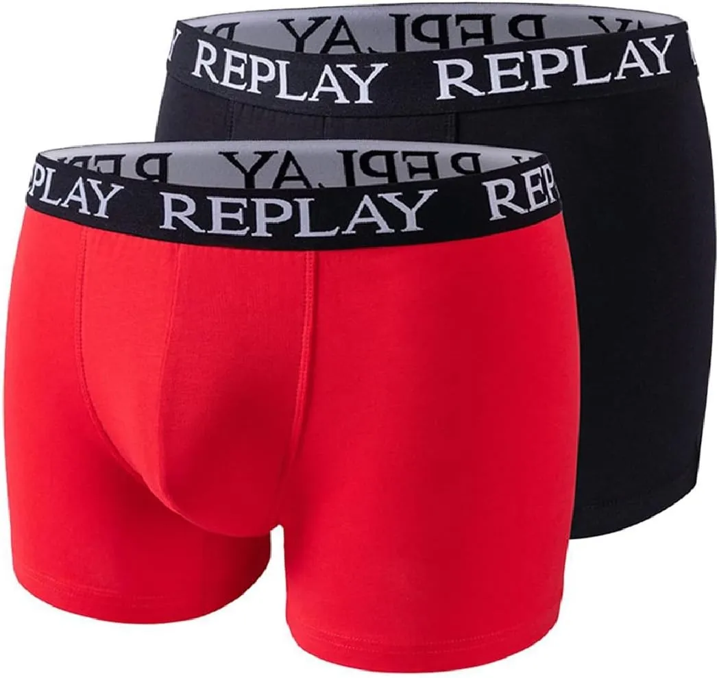 REPLAY Herren Boxershorts I101143RB - Rot/Schwarz, 2er Pack mit Logo-Bund GR. L