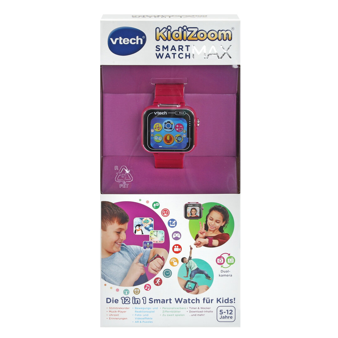 VTech KidiZoom Smart Watch MAX lila/pink mit Touch-Display, Front- & Rückkamera, Schrittzähler, Kreativ-Apps & Spiele, Wecker & Musik-Player, wiederaufladbar, spritzwassergeschützt, ab 5 Jahren, Flasche, Junge, Kind, Männlich, Person