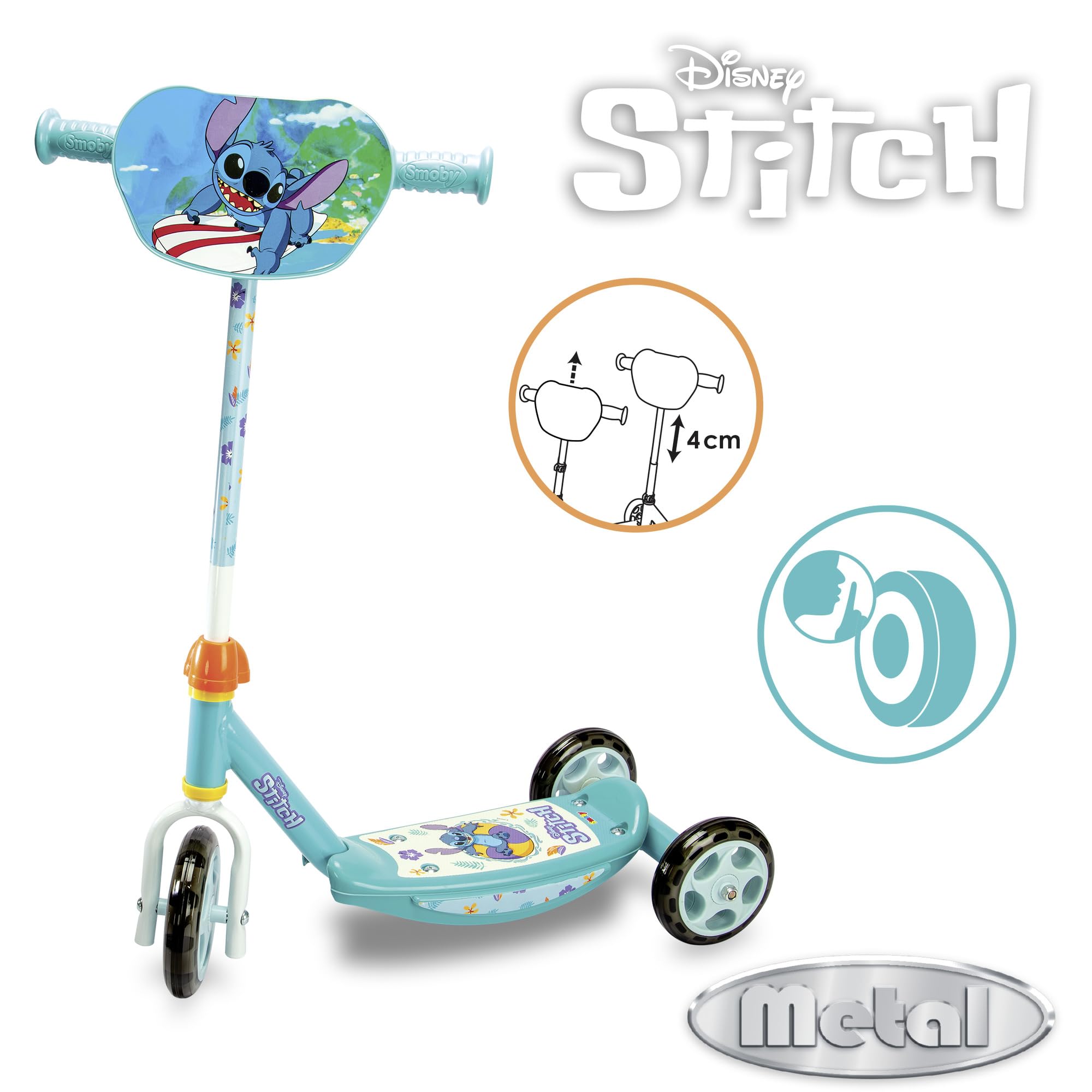 Smoby Kinder-Scooter 3-Räder mit Stitch-Motiv, robustes Metallgestell, verstellbarer Lenker bis 67 cm, leise Räder, ab 3 Jahren, max. 20 kg, Roller, Transport, Fahrzeug