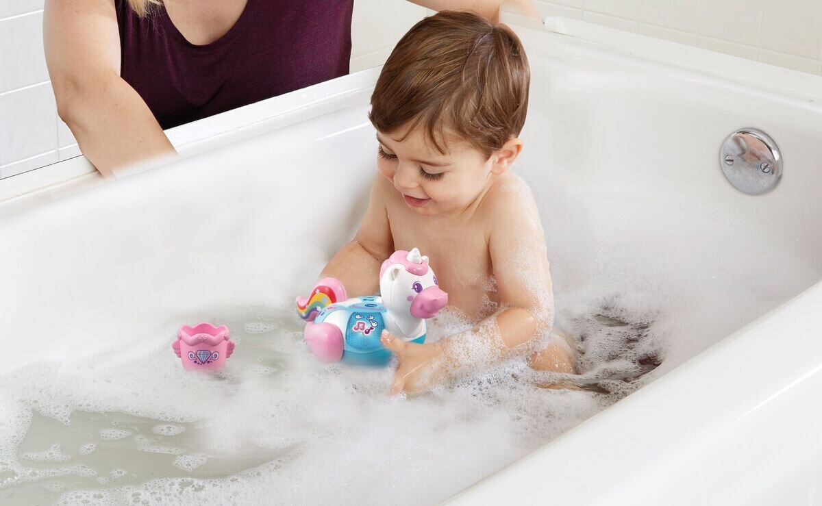 VTech Badespaß Einhorn Musikspielzeug für die Badewanne mit Lichttaste, 3 Liedern & 15 Melodien, inklusive Eimer, wasserdichtes Batteriefach, Auto-Off, 12 Monate 5 Jahre,