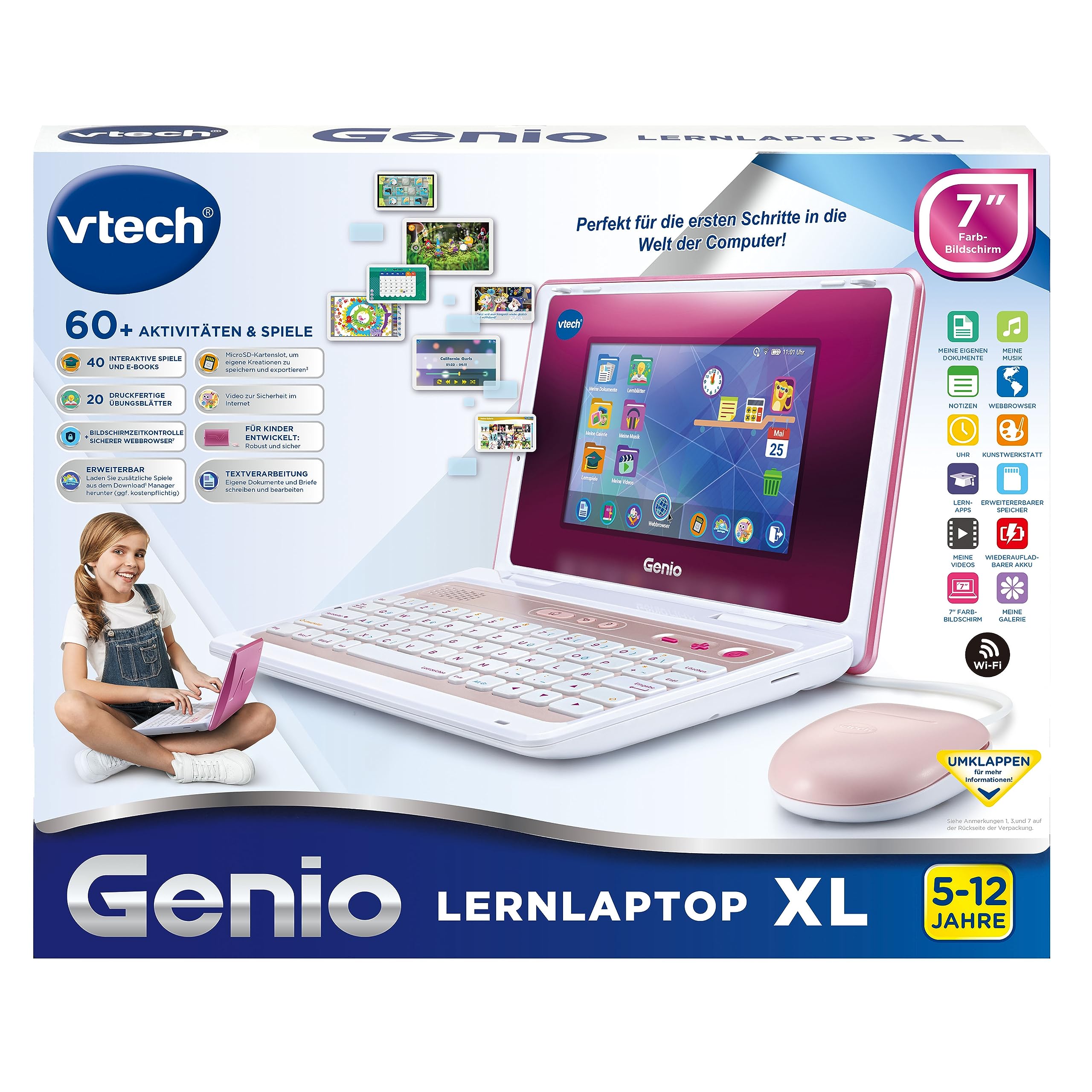 VTech Genio Lernlaptop XL in Rosa, Kunststoff, 7 HD-Display, QWERTZ-Tastatur, 40 Lern-Apps & E-Books, Kalender, Galerie, Wi-Fi, microSD, ab 5 J., Computer, Elektronik, Laptop, PC, Computerausrüstung