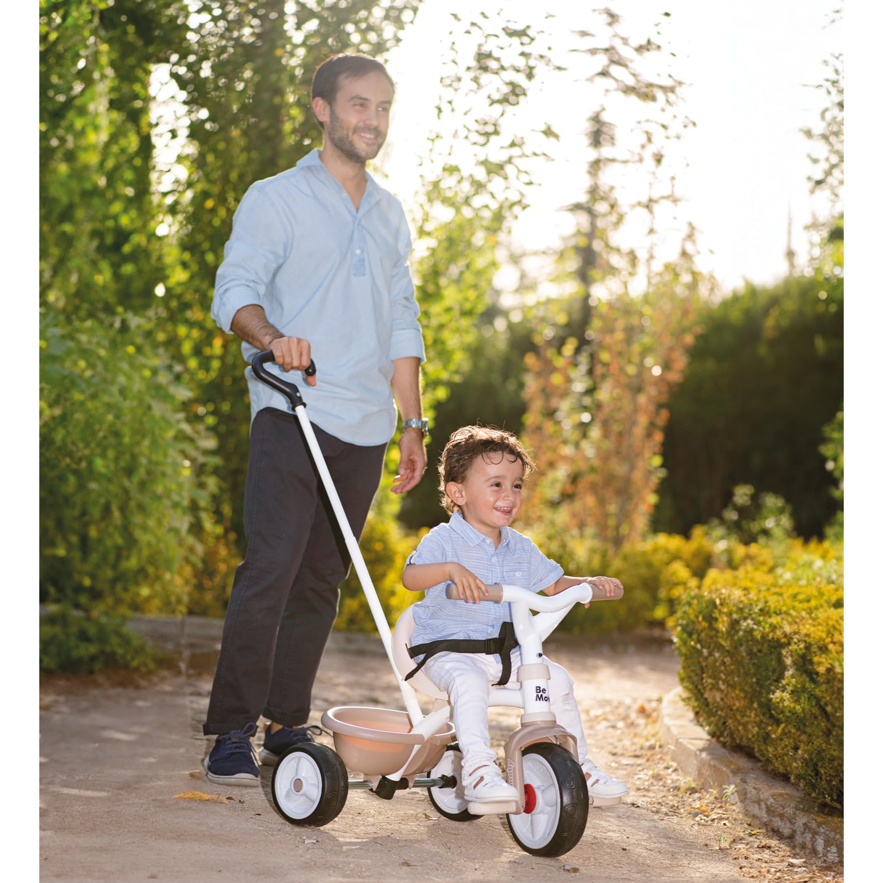 Smoby Be Move Tricycle Beige 2-in-1 mit ergonomischem Sitz, Sicherheitsgurt, verstellbarer Elternstange bis 95 cm, Free-Wheel, Leichtlaufräder, beige, ca. 68×52×52 cm, Person, Erwachsener, Männlich, Mann