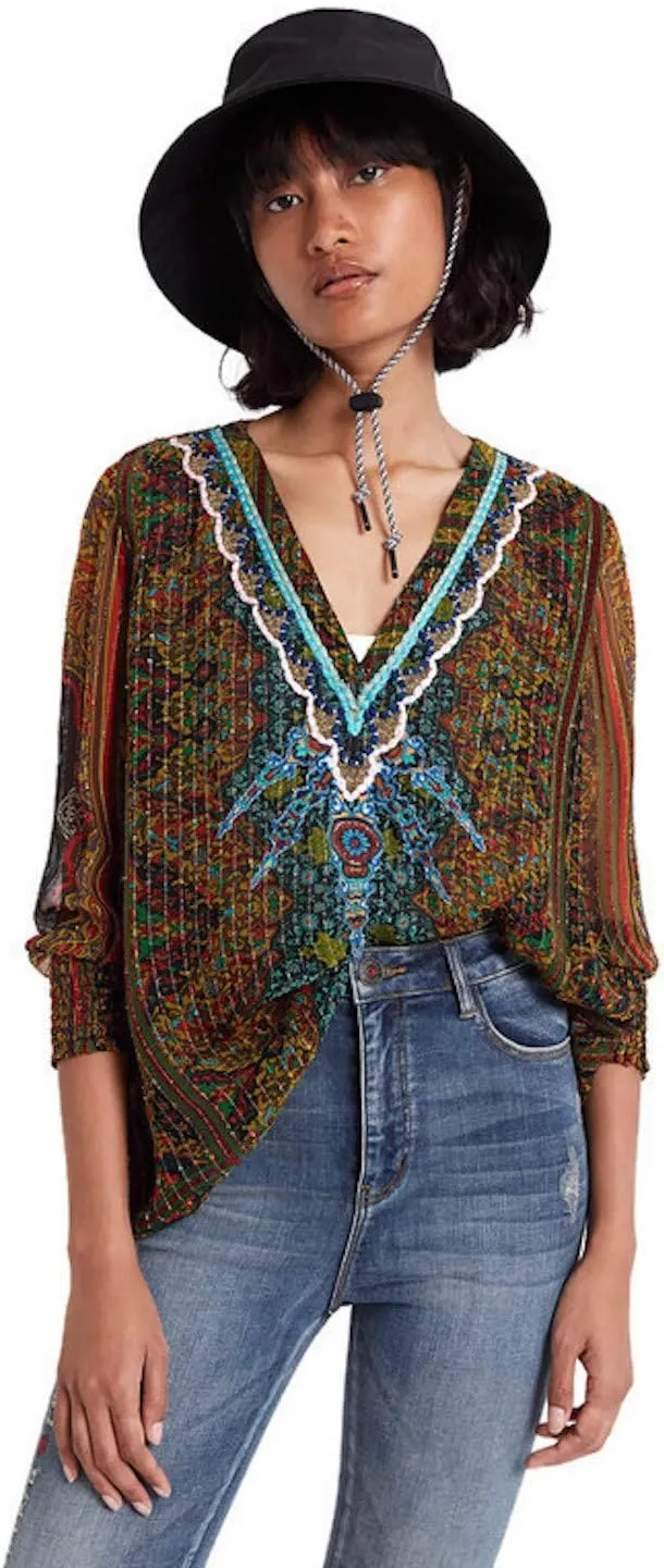 Desigual Damen „Yamila“ - Goldfarben Ethno-Muster 19WBLUYM Bluse GR. M