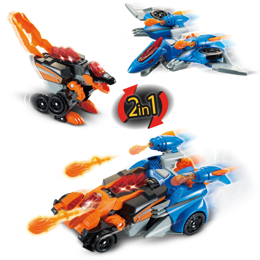 VTech Switch & Go Dinos 2-in-1 Spinosaurus & Pterodaktylus Kunststoff-Spielzeug ca. 35cm, Dino- und Fahrzeugmodus mit LED-Soundeffekten, Feuer-Launcher, Lautstärkeregler, kindersicher ab 3 J., Spielzeug, Maschine, Rad