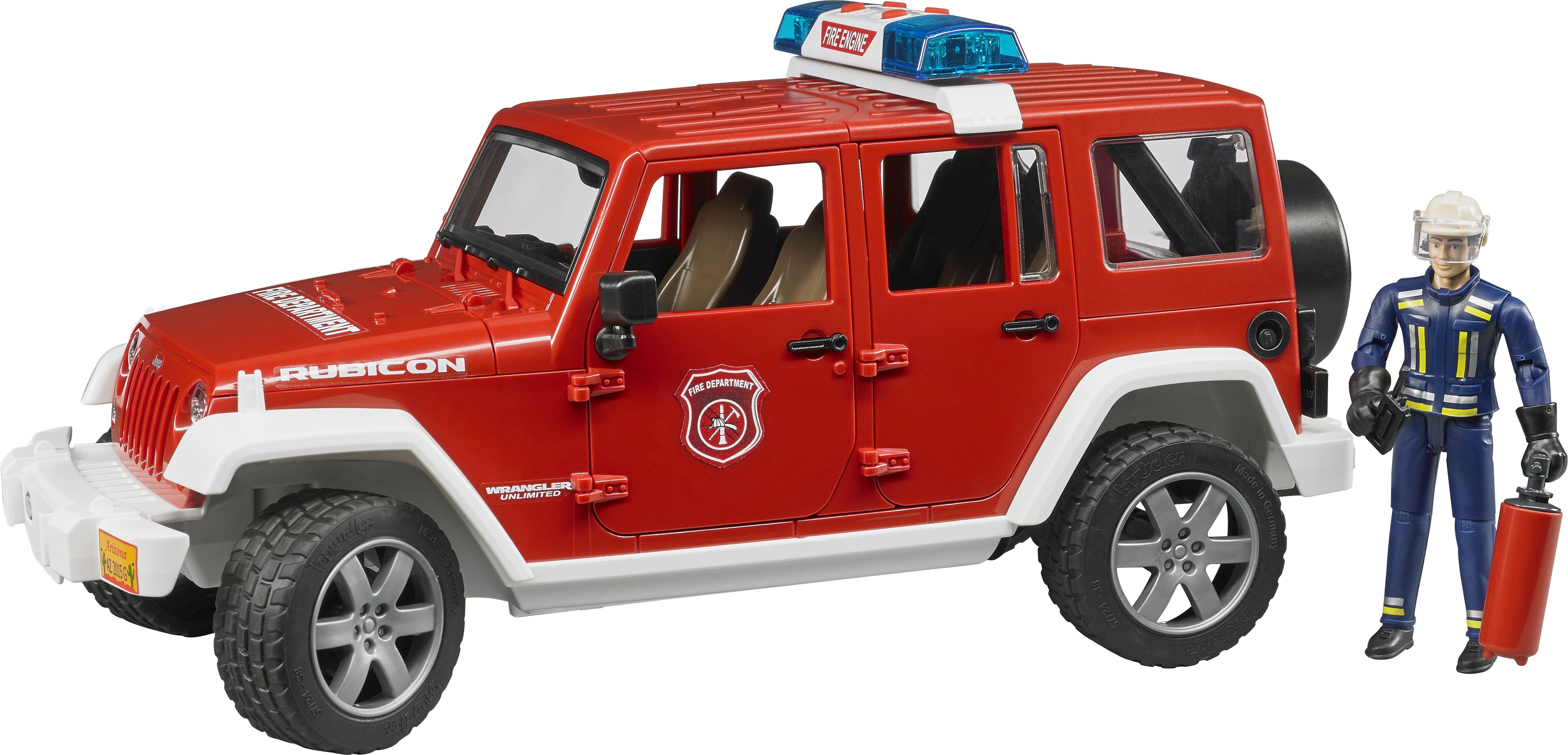 Bruder, 02528, Jeep, Wrangler, Unlimited, Rubicon, Feuerwehrfahrzeug, mit, Feuerwehrmann, Person, Auto, Fahrzeug, Stuhl, Mobiliar, Person, Auto, Fahrzeug, Stuhl, Mobiliar, Person, Auto, Fahrzeug, Stuhl, Mobiliar