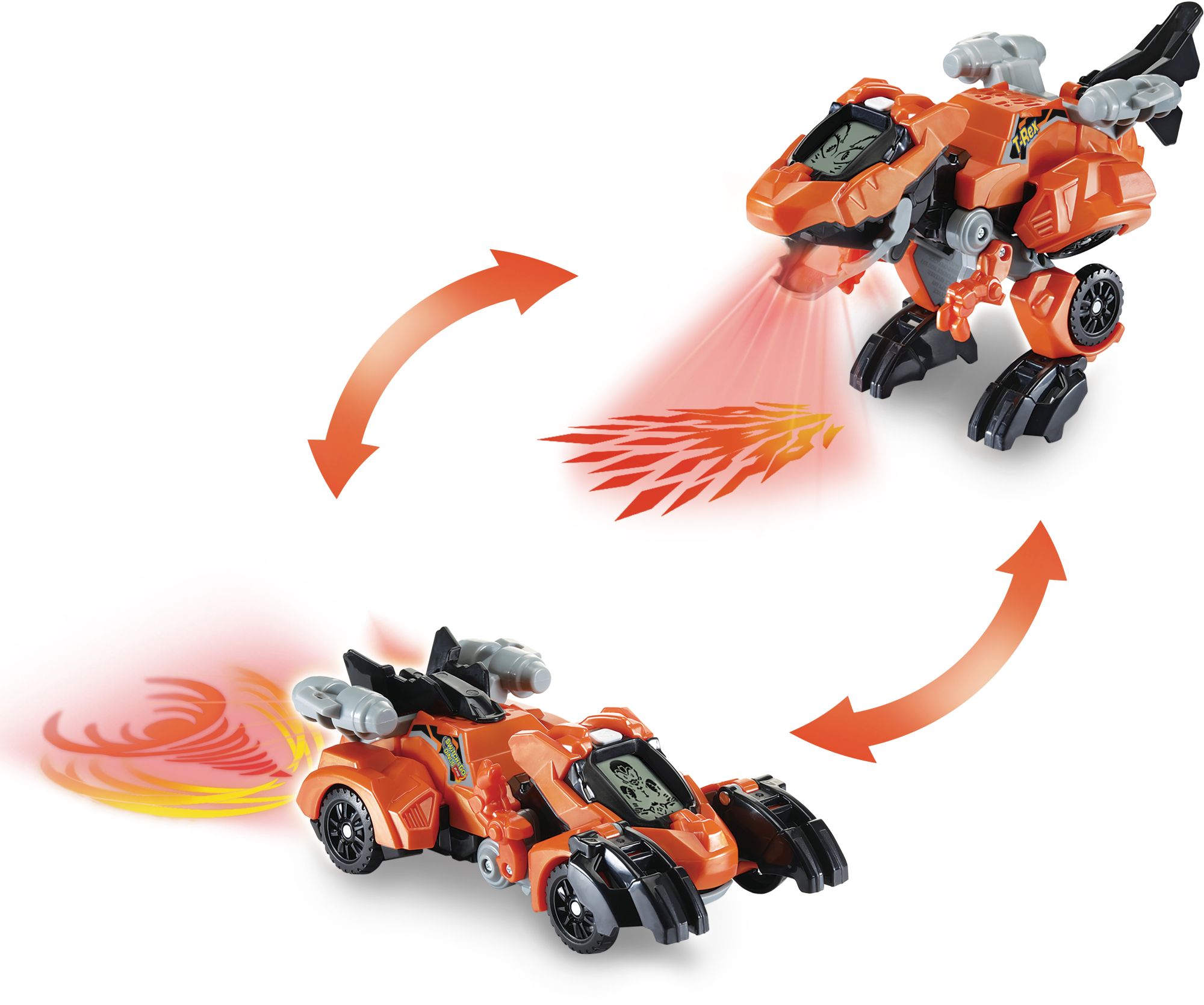 VTech Switch & Go Dinos Fire-T-Rex: transformierbarer Dino/Auto mit LCD-Animation, feuerspuckenden Lichtprojektionen Dino/Auto, Dinosaurerstimme & Soundeffekten, Lautstärkeregler, kindersicheres Batteriefach, ab 3 Jahren,