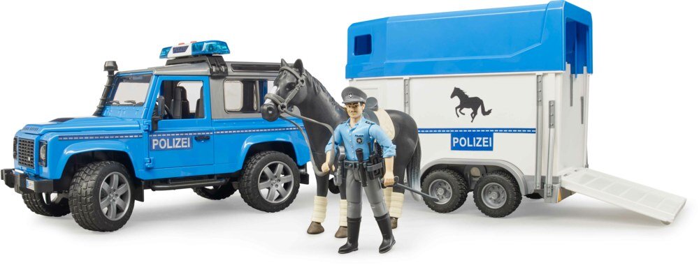 Bruder, 02588, Land, Rover, Defender, Polizeifahrzeug, Pferdeanhänger, Pferd, Und, Polizist, Person, Maschine, Rad