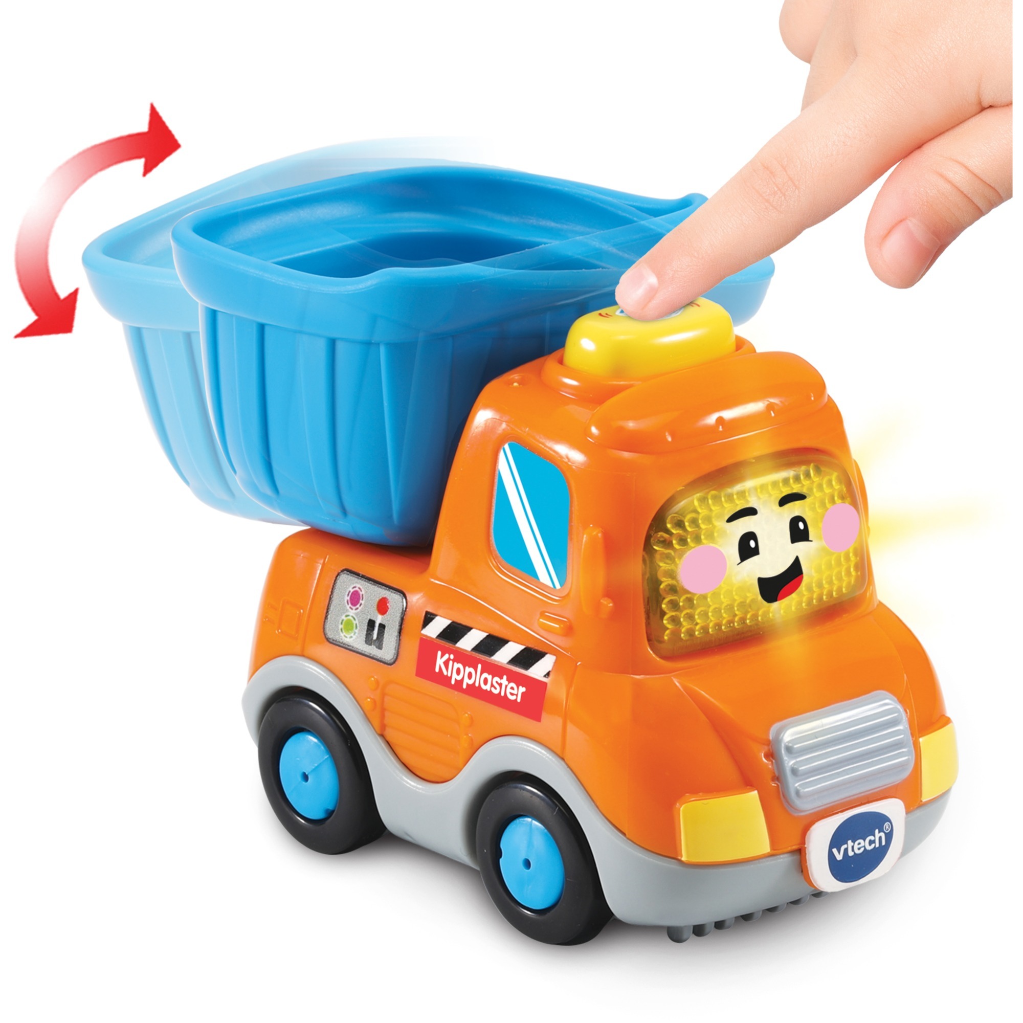 VTech Tut Tut Baby Flitzer Kipplaster mit leuchtender Taste, spricht fröhliche Sätze, 3 Lieder & 6 Melodien, reagiert auf Radbewegung und magische Sensoren, kindersicheres Batteriefach, ab 12 Monaten, Bekleidung, Schutzhelm, Helm