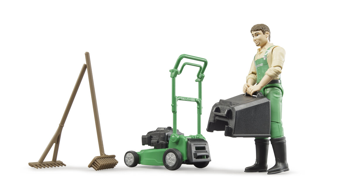 Bruder, 62103, Bworld, Gärtner, Mit, Rasenmäher\nUnd, Gartengeräten, Gras, Rasen, Person, Reinigen, Rad