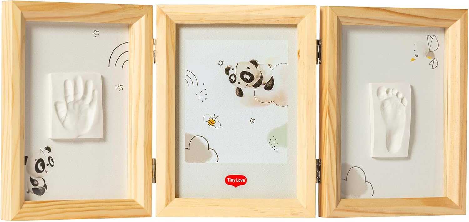 Tiny, Love, Doppelter, Bilderrahmen, Baby, Hand-, und, Fußabdruck-Set, Holzrahmen, Ton, All-in-One, Verpackung, Zubehör, und, Details, sichtbar