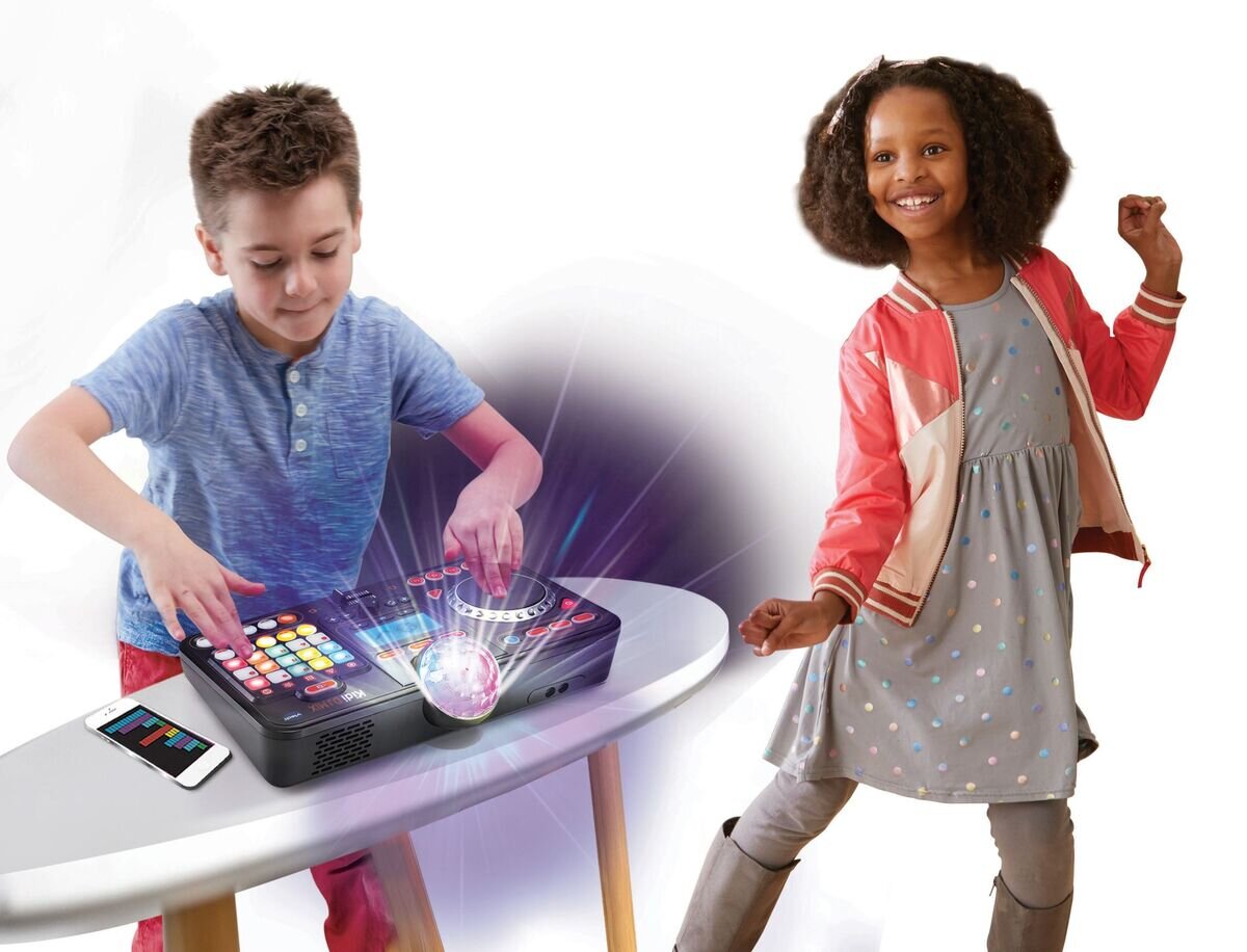 VTech Kidi DJ Mix Spielkonsole in Schwarz/Multicolor aus Kunststoff mit Jog-Wheel, LED-Sound-Pad, Crossfader, Mikrofon, Bluetooth, Disco-Licht & 15 Melodien, ab 6 J.,