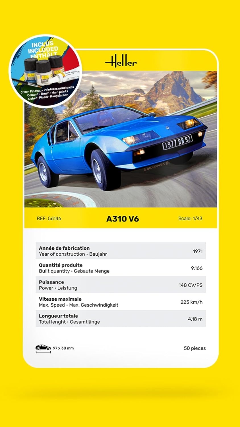 Heller Starter Kit Alpine A310 V6 1:43 Bausatz mit Pinsel, Farbe und Kleber, modellierfreundlich, Detailmaßstab 97×38 mm, ab ca. 15 Jahren, Werbung, Plakat, Auto, Coupé, Rad, Werbung, Plakat, Auto, Coupé, Rad
