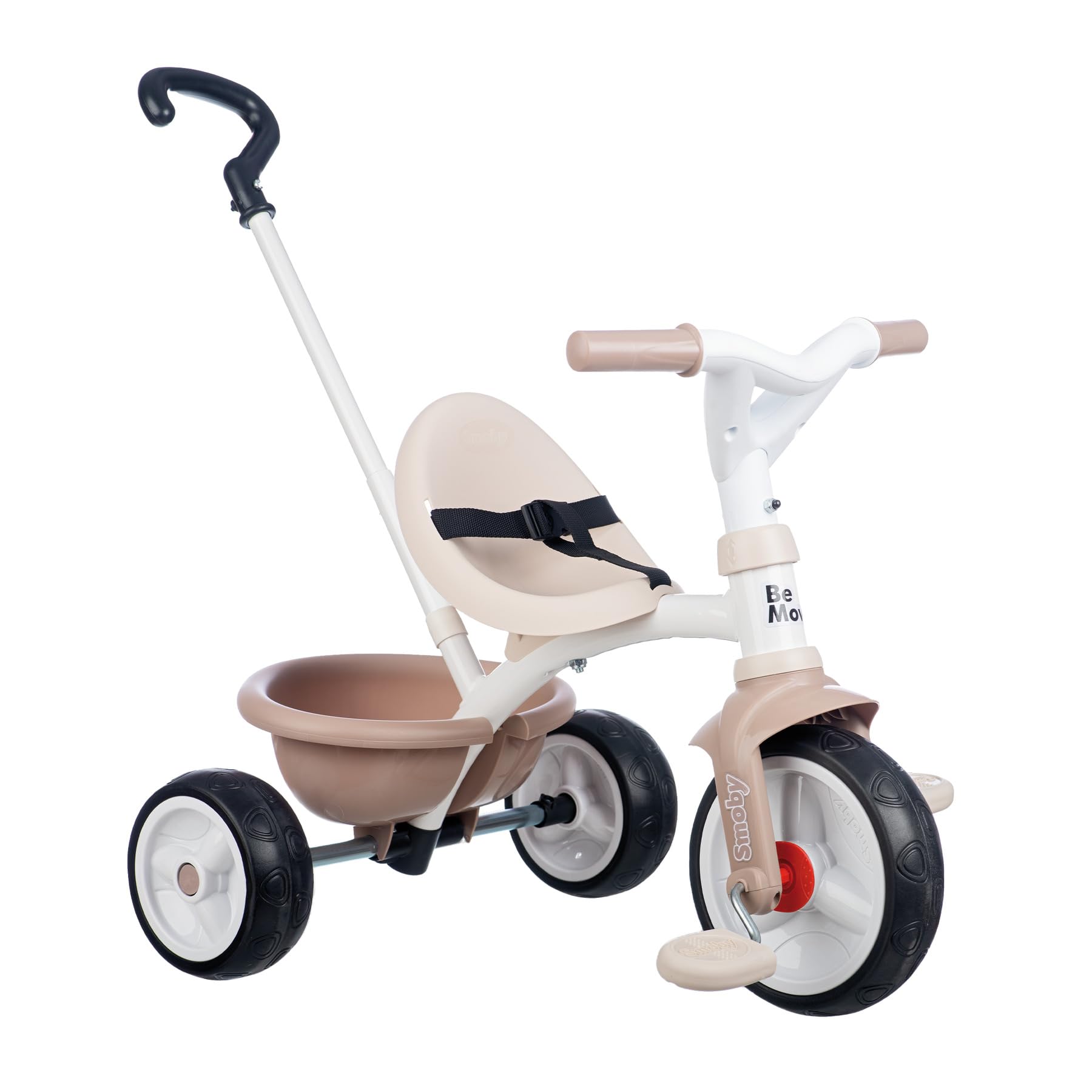 Smoby Be Move Tricycle Beige 2-in-1 mit ergonomischem Sitz, Sicherheitsgurt, verstellbarer Elternstange bis 95 cm, Free-Wheel, Leichtlaufräder, beige, ca. 68×52×52 cm, Transport, Dreirad, Fahrzeug, Rasenmäher, Werkzeug