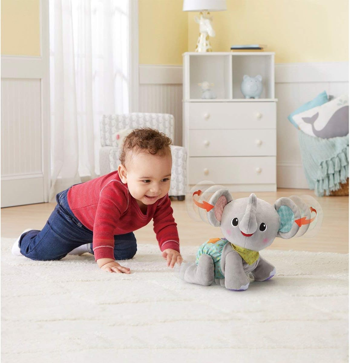 VTech Krabbel-mit-mir-Elefant kuscheliger Lern-Elefant Plüsch, krabbelt selbst, blinkende Stern-Taste, 3 Lernprogramme Zählen, Sprechen, Singen, 3 Lieder & 15 Melodien, verschiedene Texturen, kindersicheres Batteriefach, ab 9 Monaten,
