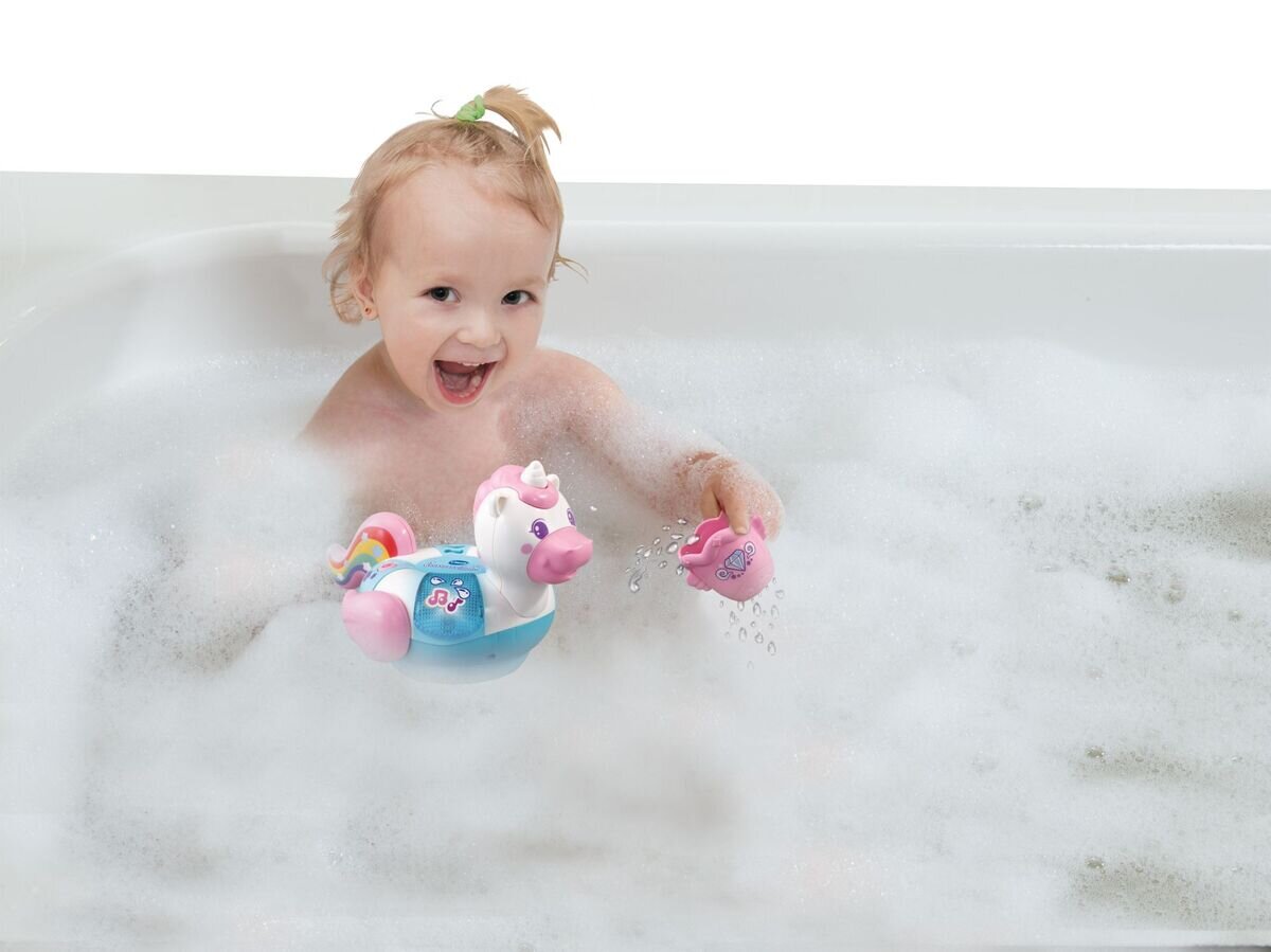 VTech Badespaß Einhorn Musikspielzeug für die Badewanne mit Lichttaste, 3 Liedern & 15 Melodien, inklusive Eimer, wasserdichtes Batteriefach, Auto-Off, 12 Monate 5 Jahre,