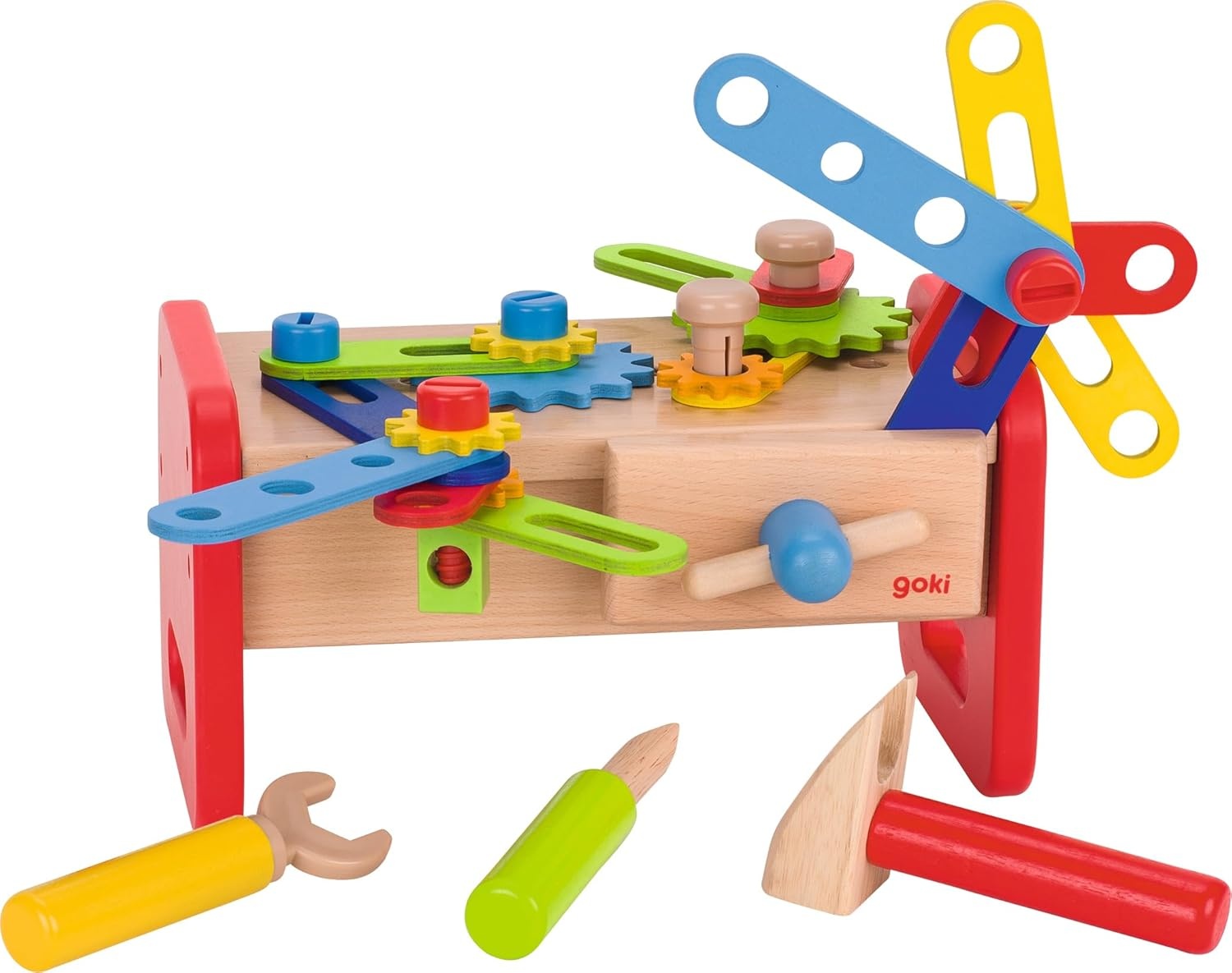 GOKI 58501 Werkbank - Holzspielzeug mit reichhaltigem Zubehör