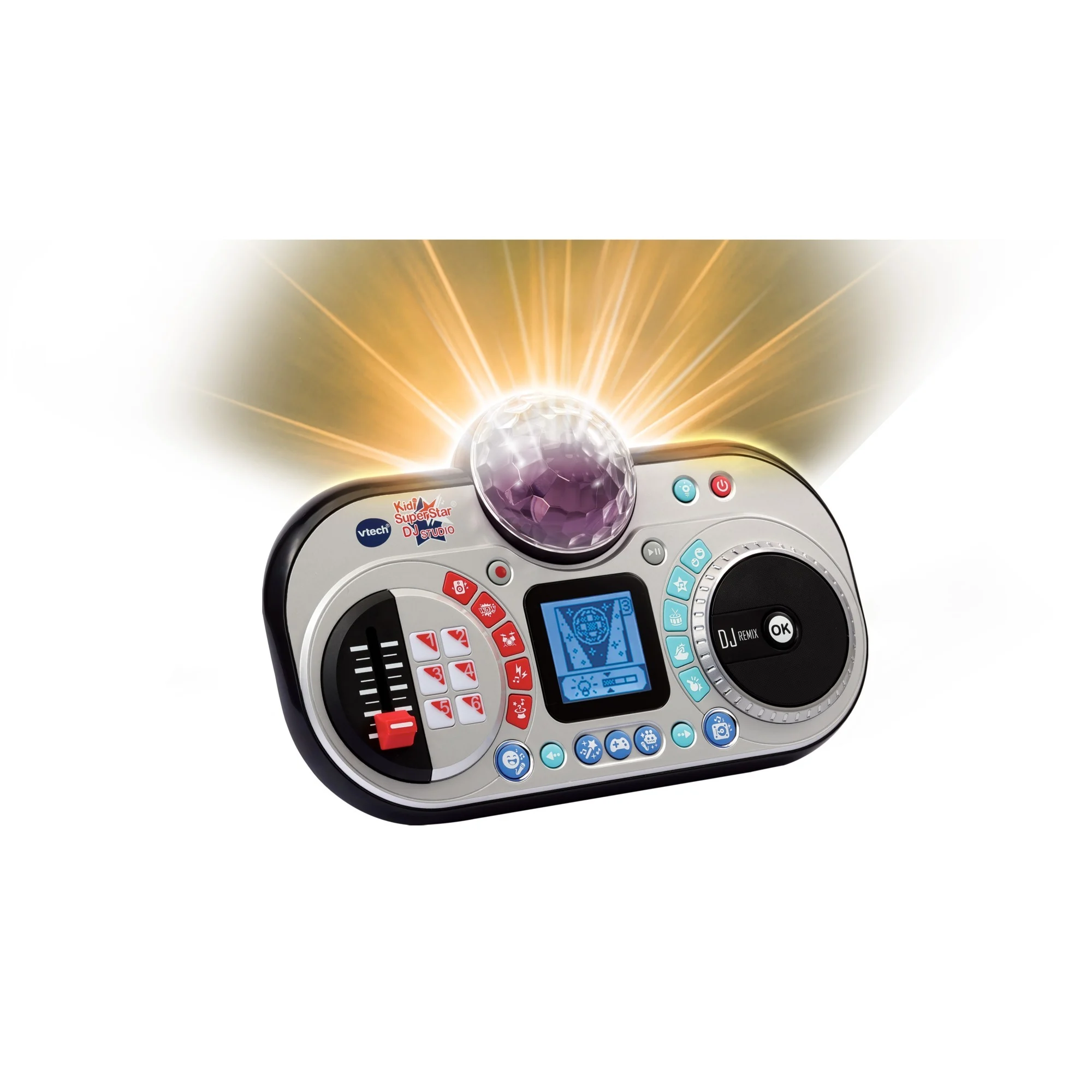 VTech Kidi Super Star DJ Studio in Schwarz: 10-in-1 DJ-Station mit Jog Wheel, Mikrofon, 12 Songs, Disco-Licht, Stimm-Effekten, Voice-Off-Funktion, Aufnahme, externem Anschluss & höhenverstellbarer Stand, ab 6 Jahren,