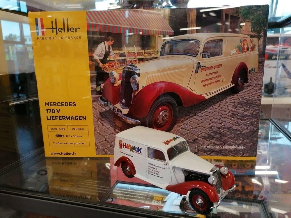 Heller Mercedes 170 V Lieferwagen Prinz Obst & Gemüse Modellbausatz im Maßstab 1:24, Bausatz ohne Kleber/Farbe, Box ca. 38×7×25 cm, für Modellbauer ab ca. 14 Jahren, Auto, Transport, Fahrzeug, Person, Werbung