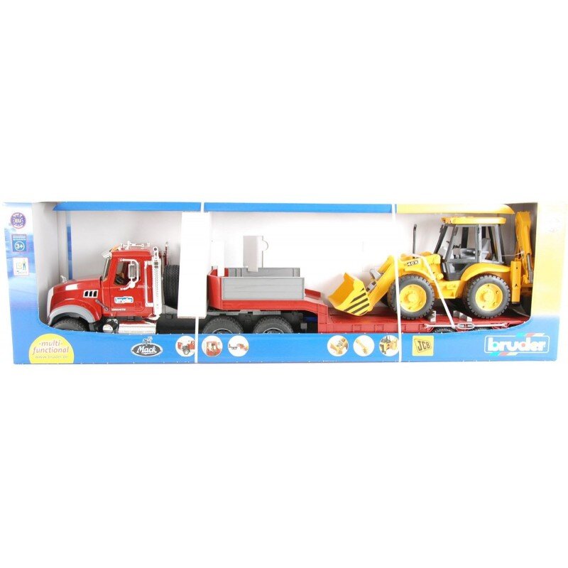 Bruder 02813 MACK Granite LKW mit Tieflader + JCB 4CX Baggerlader Maschine, Rad