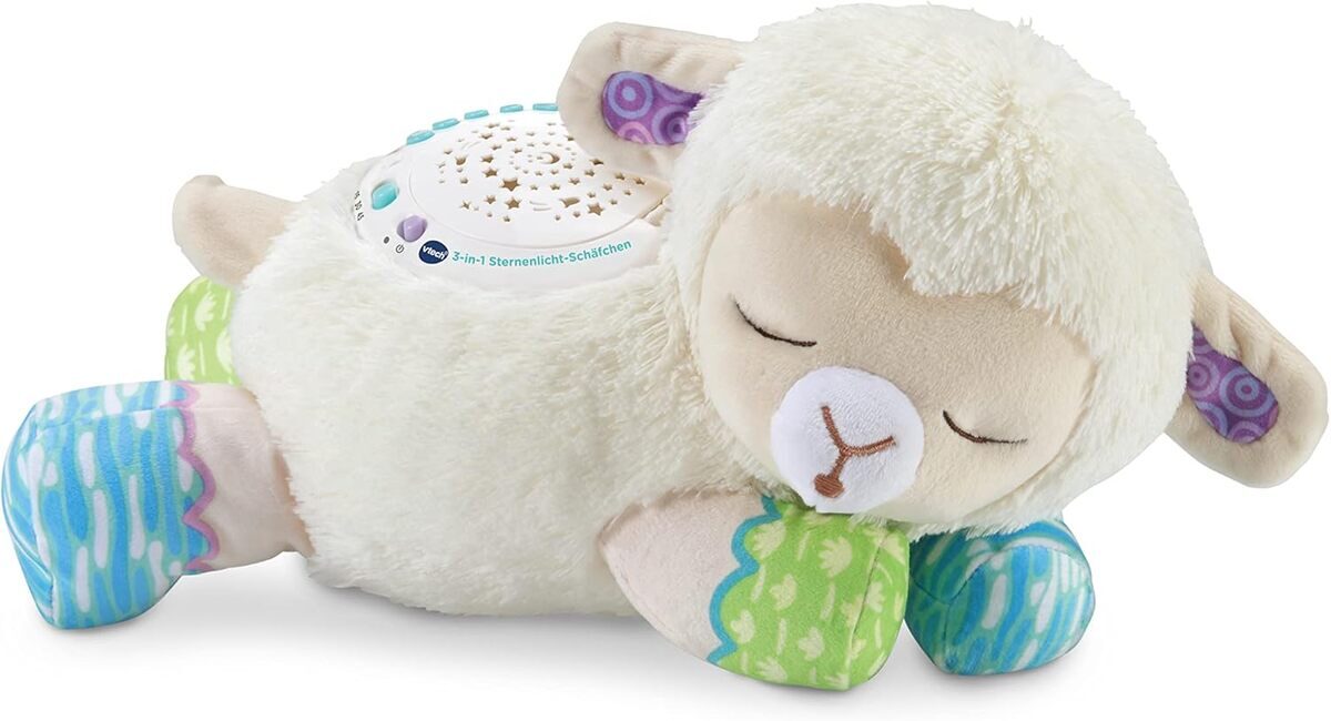 VTech 3-in-1 Sternenlicht-Schäfchen aus weichem Plüsch mit abnehmbarem Projektormodul, 3 Lichtschablonen, 3 Liedern, 40 Melodien, 25 Natur-Sounds, Timer & Geräusch-Sensor, ab 0,5 J., Plüsch, Spielzeug, Plüsch, Spielzeug