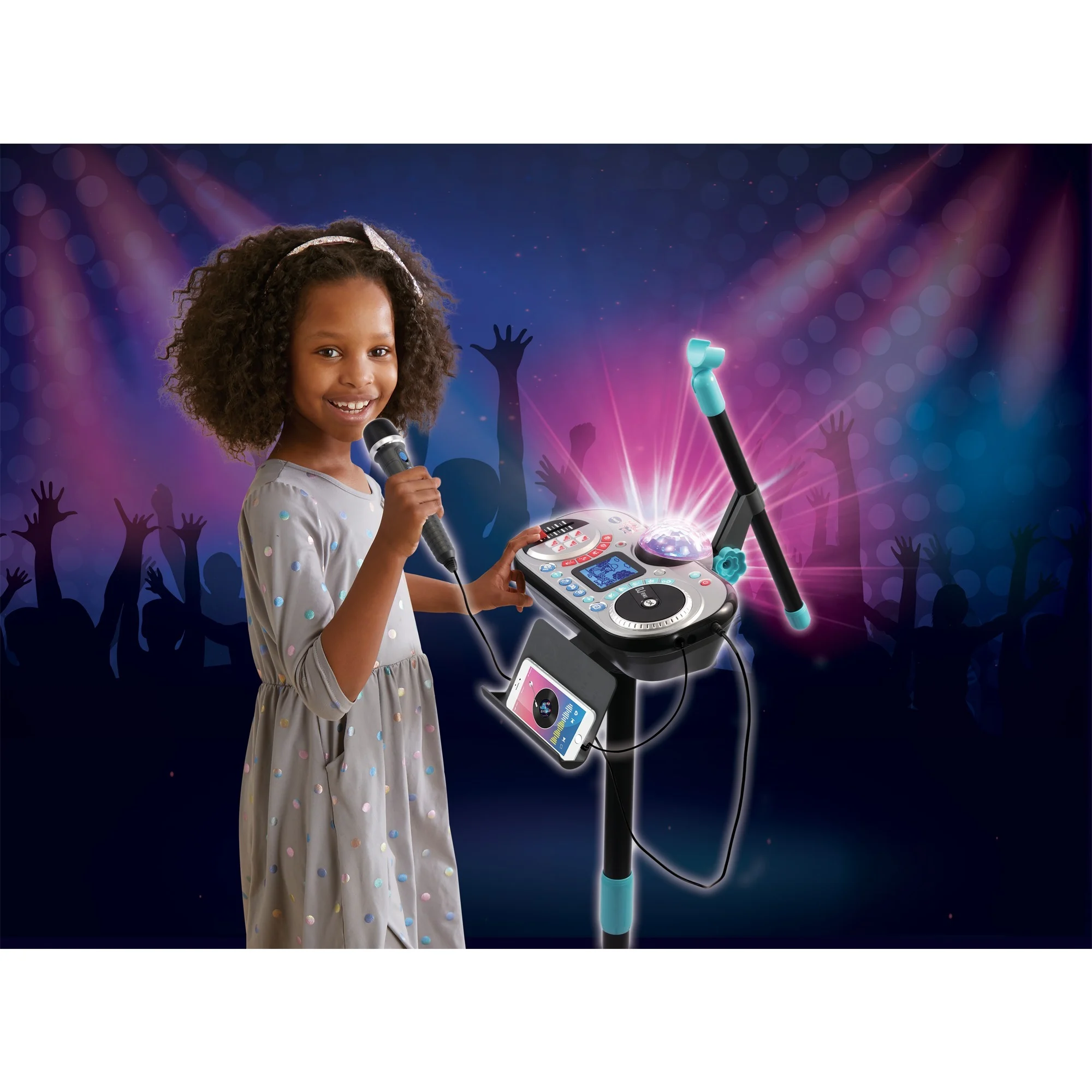 VTech Kidi Super Star DJ Studio in Schwarz: 10-in-1 DJ-Station mit Jog Wheel, Mikrofon, 12 Songs, Disco-Licht, Stimm-Effekten, Voice-Off-Funktion, Aufnahme, externem Anschluss & höhenverstellbarer Stand, ab 6 Jahren,
