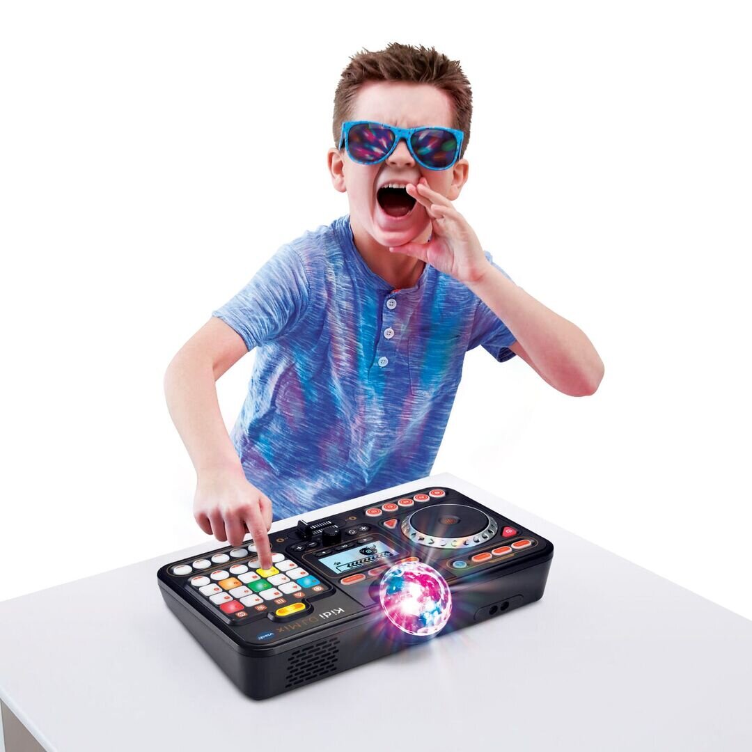 VTech Kidi DJ Mix Spielkonsole in Schwarz/Multicolor aus Kunststoff mit Jog-Wheel, LED-Sound-Pad, Crossfader, Mikrofon, Bluetooth, Disco-Licht & 15 Melodien, ab 6 J.,