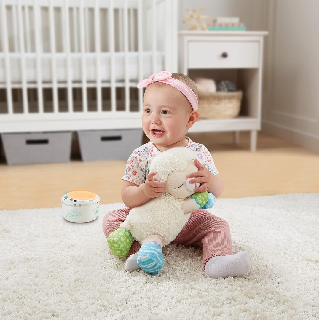 VTech 3-in-1 Sternenlicht-Schäfchen aus weichem Plüsch mit abnehmbarem Projektormodul, 3 Lichtschablonen, 3 Liedern, 40 Melodien, 25 Natur-Sounds, Timer & Geräusch-Sensor, ab 0,5 J., Sitzend, Gesicht, Glücklich, Kopf, Socke, Sitzend, Gesicht, Glücklich, K