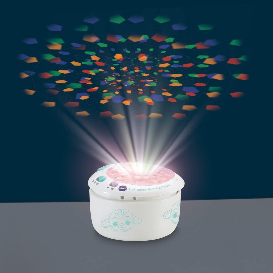 VTech 3-in-1 Sternenlicht-Schäfchen aus weichem Plüsch mit abnehmbarem Projektormodul, 3 Lichtschablonen, 3 Liedern, 40 Melodien, 25 Natur-Sounds, Timer & Geräusch-Sensor, ab 0,5 J., Krug, Krug