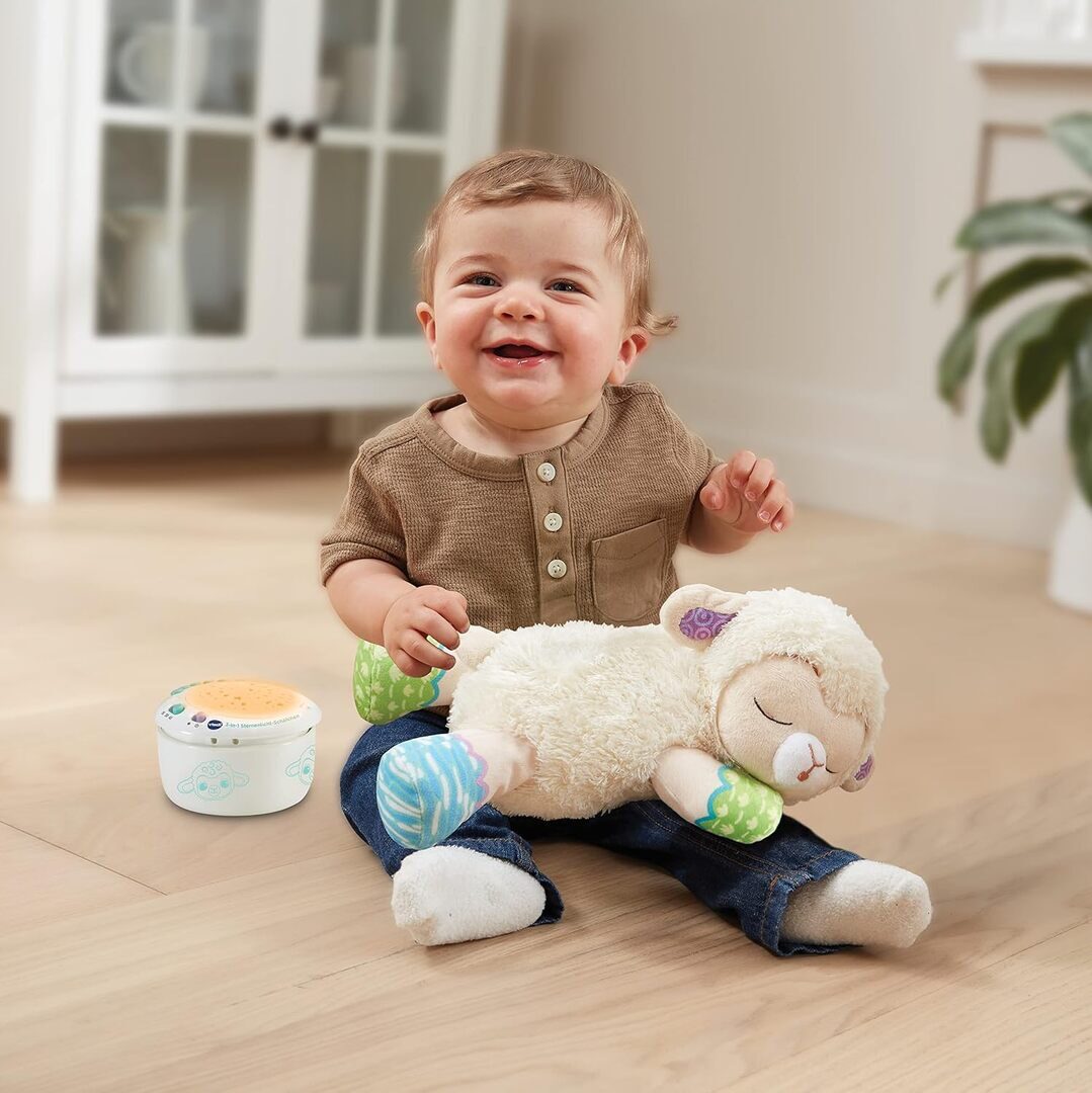 VTech 3-in-1 Sternenlicht-Schäfchen aus weichem Plüsch mit abnehmbarem Projektormodul, 3 Lichtschablonen, 3 Liedern, 40 Melodien, 25 Natur-Sounds, Timer & Geräusch-Sensor, ab 0,5 J., Kopf, Gesicht, Glücklich, Sitzend, Lachendes Baby, Kopf, Gesicht, Glückl