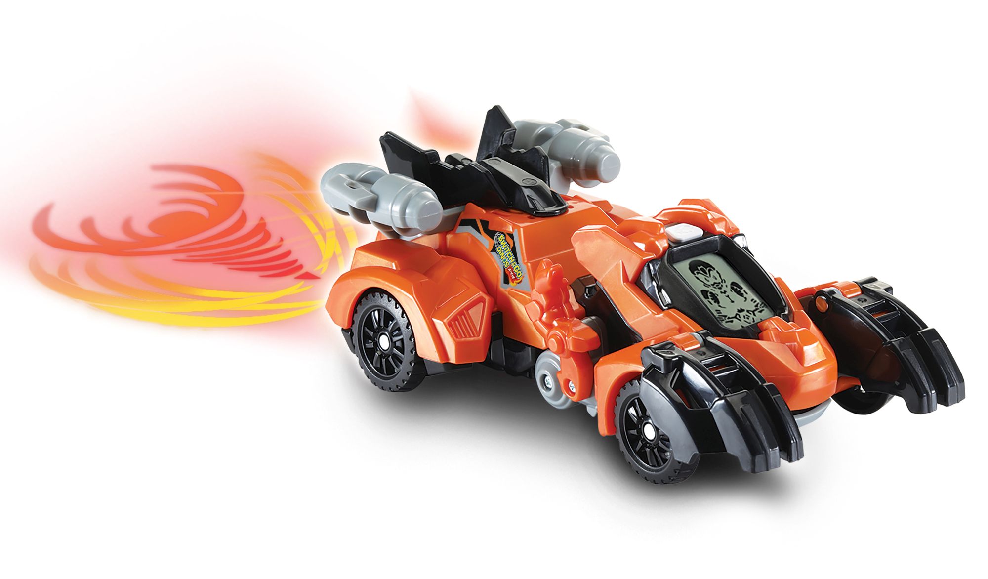 VTech Switch & Go Dinos Fire-T-Rex: transformierbarer Dino/Auto mit LCD-Animation, feuerspuckenden Lichtprojektionen Dino/Auto, Dinosaurerstimme & Soundeffekten, Lautstärkeregler, kindersicheres Batteriefach, ab 3 Jahren,