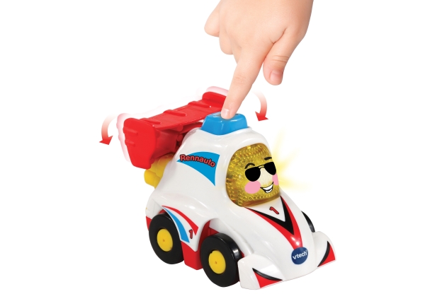 VTech Tut Tut Baby Flitzer Rennauto, spricht fröhliche Sätze, leuchtende Taste, 3 Lieder & 6 Melodien, reagiert auf Radbewegung & magische Sensoren, kindersicheres Batteriefach, ab 1 Jahr,