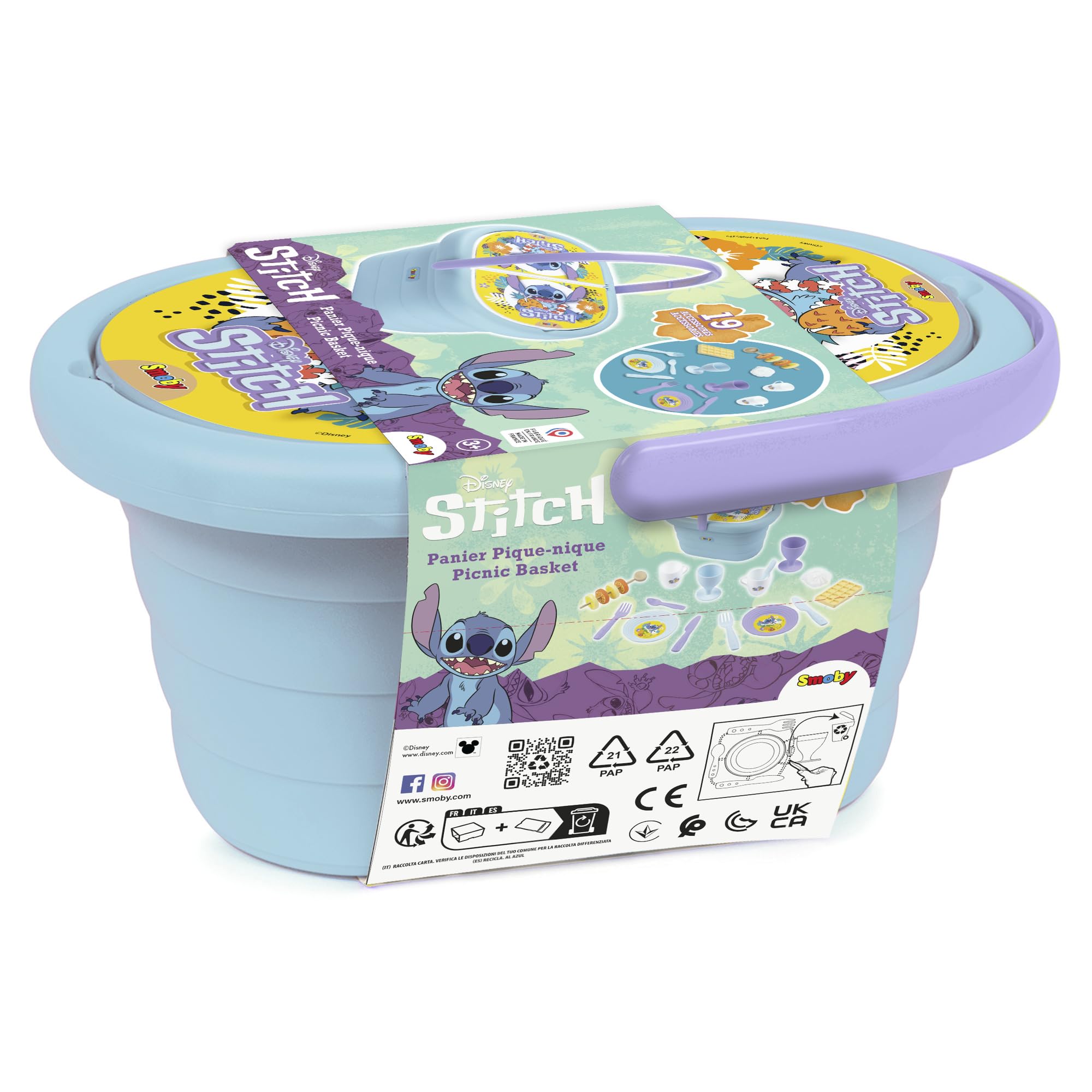 Smoby Stitch Picknickkorb mit 19 Teilen Tassen, Teller, Besteck, Milchkännchen, Zuckerbehälter, Sticker, 26,5 × 19 × 13 cm, ab 3 Jahren,