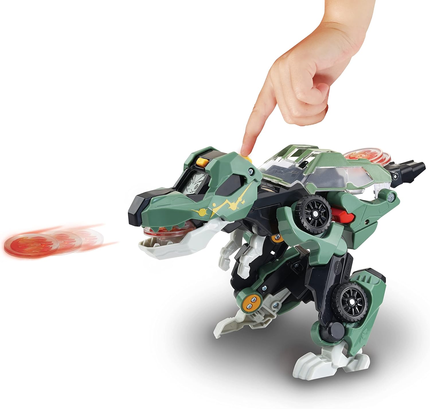 VTech Switch & Go Dinos Launcher-T-Rex aus grünem Kunststoff, verwandelt sich von Dino zu Fahrzeug, LCD-Effekte, 3 Launch Discs, Sound & Modus-Sätze, kindersicheres Batteriefach, ab 3 J., Schale, Teller, Tier, Fische, Leben im Meer, Schale, Teller, Tier,