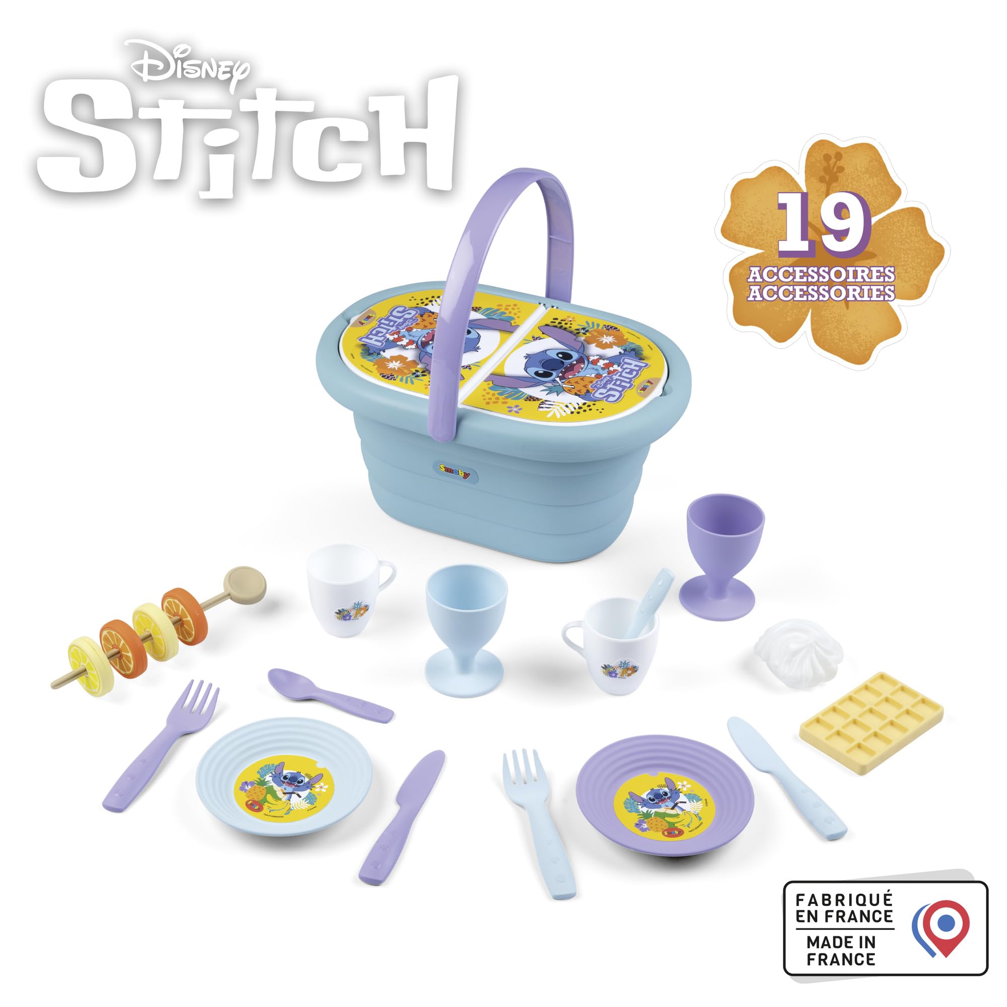 Smoby Stitch Picknickkorb mit 19 Teilen Tassen, Teller, Besteck, Milchkännchen, Zuckerbehälter, Sticker, 26,5 × 19 × 13 cm, ab 3 Jahren, Besteck, Mittagessen, Tasse, Gabel, Löffel