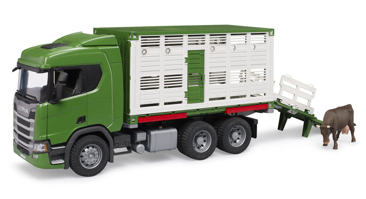 Bruder, 03548, Scania, Super, 560R, Tiertransport-Lkw, Mit, 1, Rind, Anhänger-LKW, Lastwagen, Fahrzeug, Maschine, Rad
