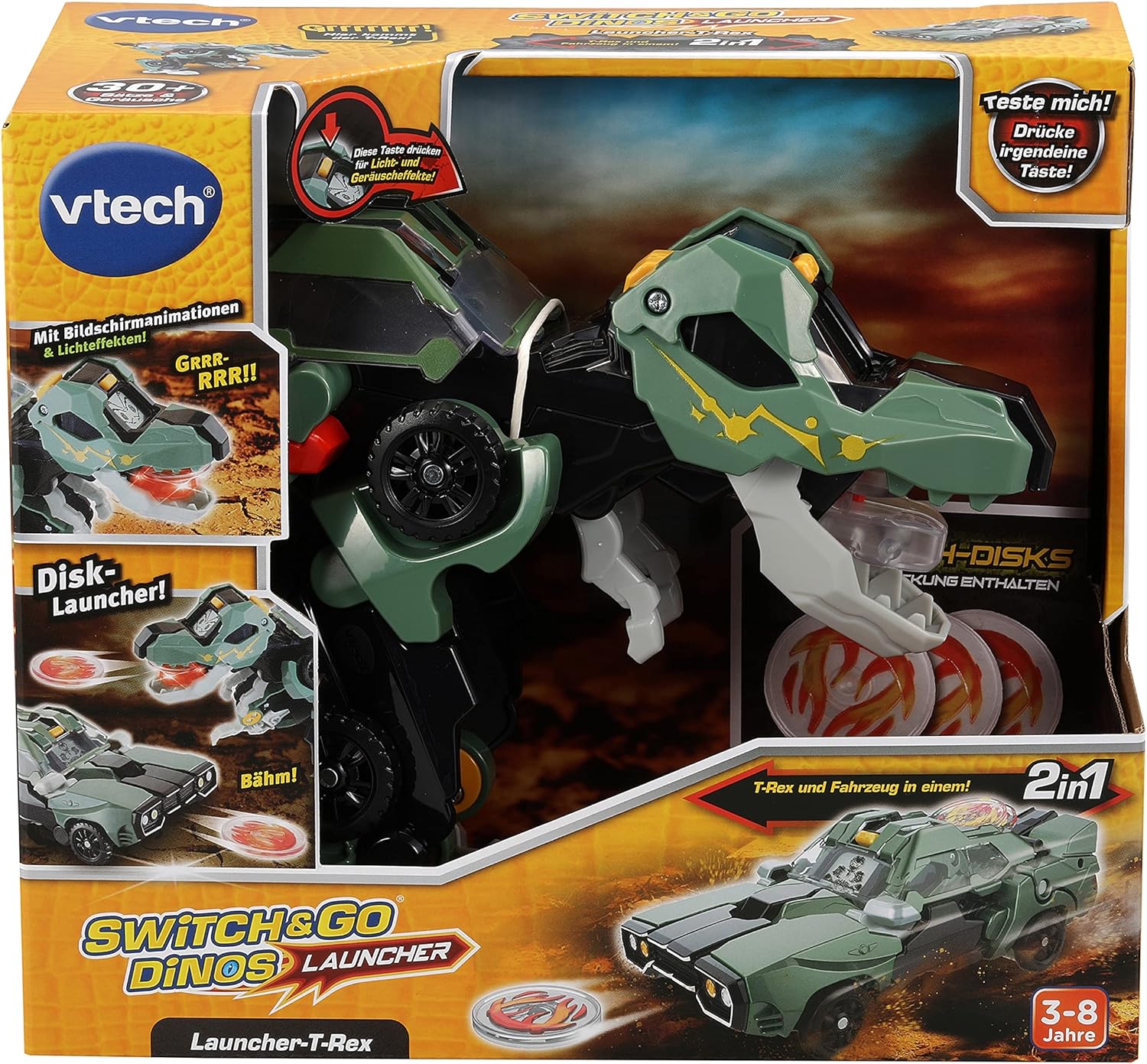 VTech Switch & Go Dinos Launcher-T-Rex aus grünem Kunststoff, verwandelt sich von Dino zu Fahrzeug, LCD-Effekte, 3 Launch Discs, Sound & Modus-Sätze, kindersicheres Batteriefach, ab 3 J., Roboter, Spielzeug, Roboter, Spielzeug