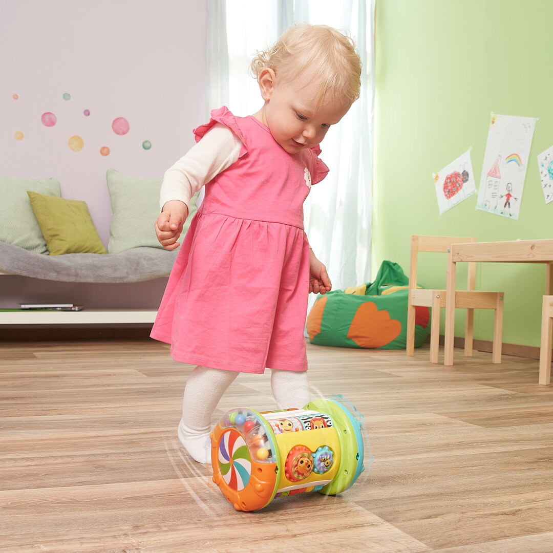 VTech 3-in-1 Rollende Entdecker-Trommel in buntem Kunststoff  13,8×18,8 cm, Rollen, Trommeln, 5 Entdeckerseiten mit Leucht-Klavier, Musik 7 Lieder, 18 Melodien, Bewegungssensor, kindersicher, ab 9 Monaten, Innenarchitektur, Hartholz, Holz, Person, Bodenbe
