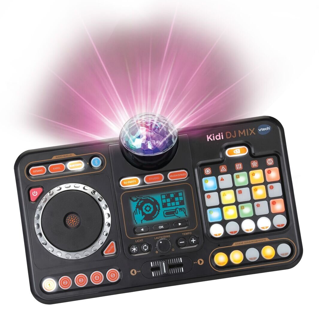 VTech Kidi DJ Mix Spielkonsole in Schwarz/Multicolor aus Kunststoff mit Jog-Wheel, LED-Sound-Pad, Crossfader, Mikrofon, Bluetooth, Disco-Licht & 15 Melodien, ab 6 J.,